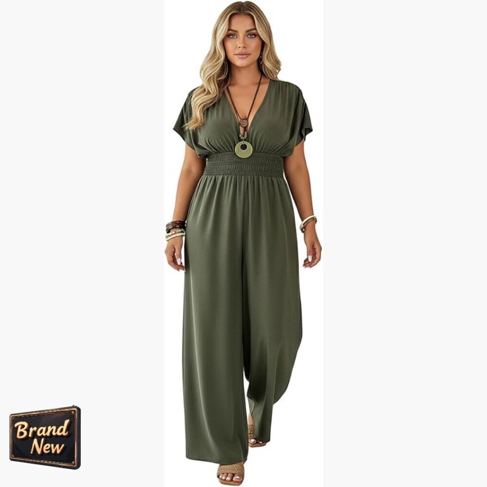 Plus Size Wide Leg Jumpsuit Shirred Waist Deep V Neck Summer Romper